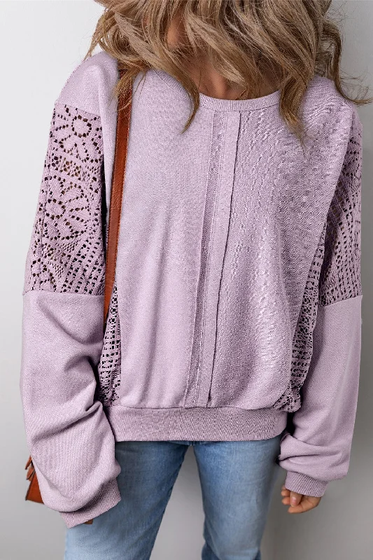 Hoodies & Sweatshirts reflective-Crochet Round Neck Long Sleeve Sweatshirt