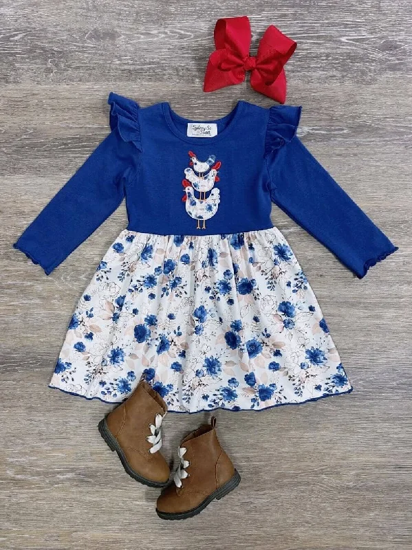 Dresses for African prints-Blooming Blue Chickens Girls Long Sleeve Dress