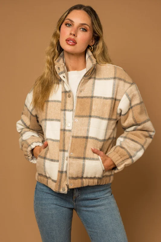 Jackets for sleek-Plaid Elastic Waist Puffer Jacket