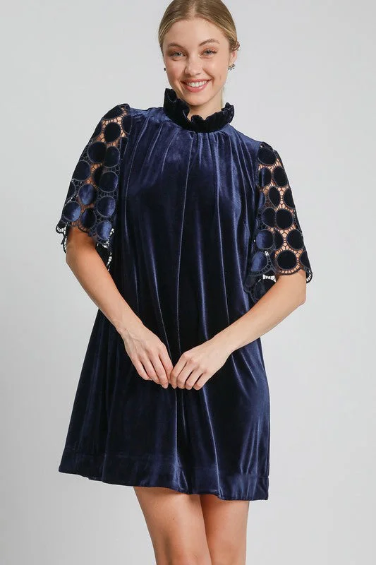 Dresses with pastel shades-Umgee Dotted Lace Half Sleeve Mock Neck Back Tie Velvet Dress