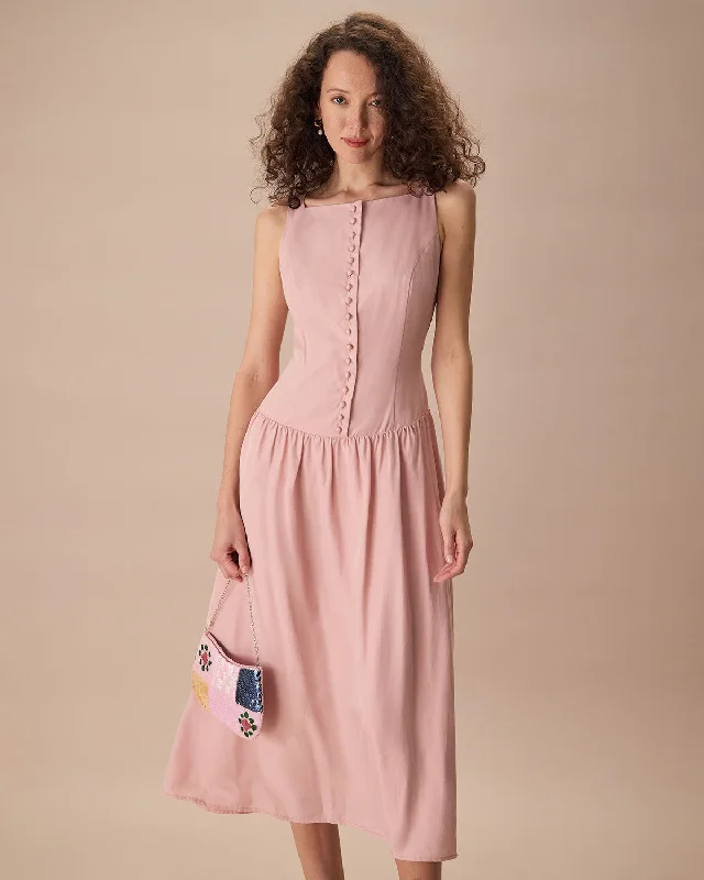 Dresses for TV interviews-Women's Pink Boat Neck Sleeveless Lyocell Midi Dress