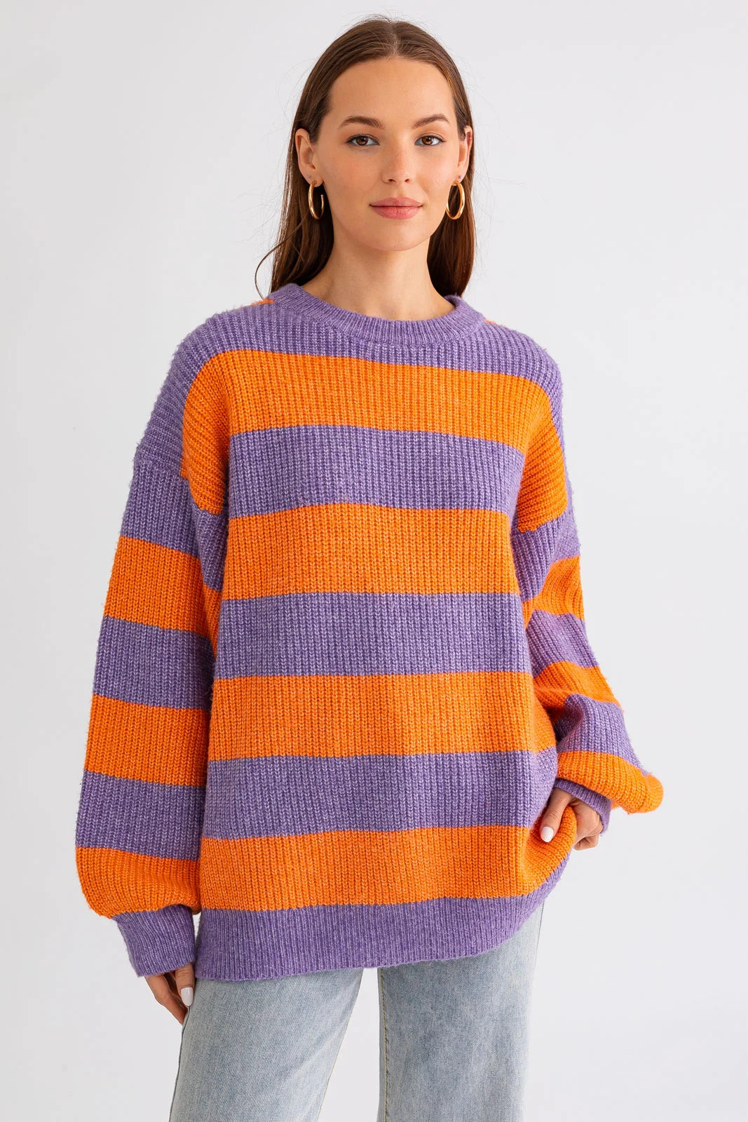 Sweaters with flared hems-Round Neckline Long Wide Sleeve Striped Sweater