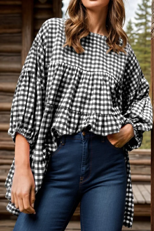 Women's Clothing tank tops-Tiered Plaid Round Neck Long Sleeve Blouse