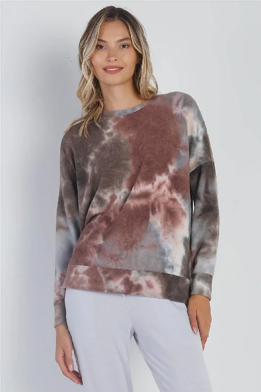 Hoodies & Sweatshirts shipping-Brown Tie-Dye Crew Neck Long Sleeve Sweatshirt /1-1-1