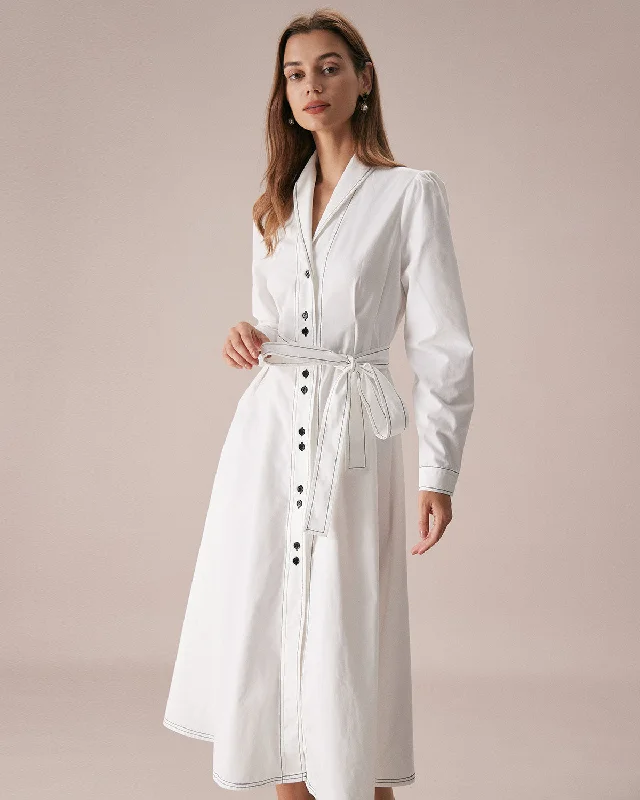 Dresses for memorials-The White Lapel Contrast Stitch Midi Dress