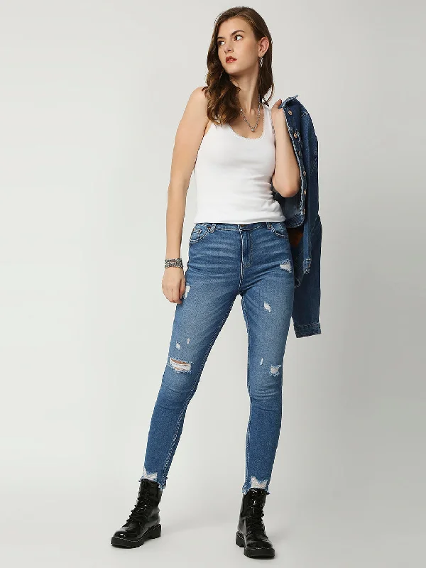 Bottoms for polished looks-Dark Mid Blue Ibiza High waist  Skinny Fit Jeans