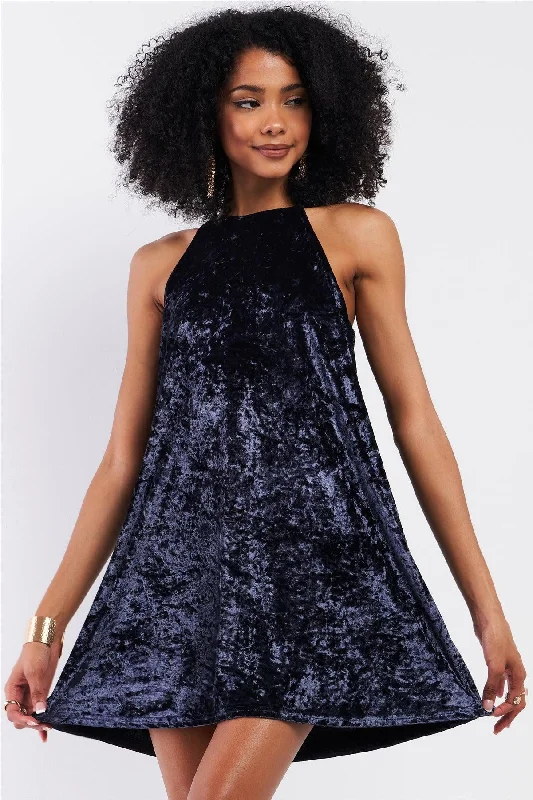 Dresses for sunrise weddings-Dusty Blue Velvet Square Halter Neck Mini Dress