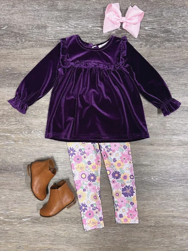 Best online drawing classes-Winter Floral Purple Velvet Top & Leggings Girls Outfit