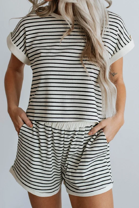 Top cloud storage solutions-Striped Round Neck Top and Shorts Set